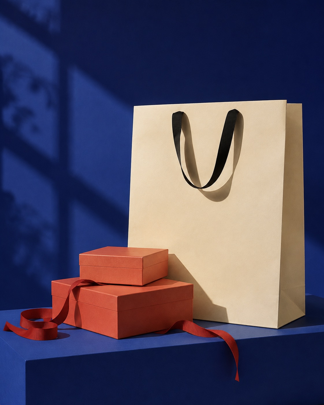 Sacola de compras e caixas de presente sobre um fundo azul